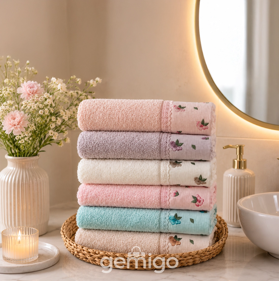 Gonca Çiçek Desenli 6’lı El Yüz Havlusu Seti – 50×90 cm - Resim 1